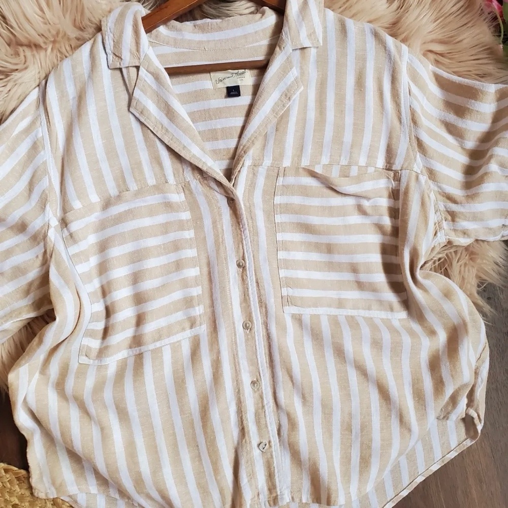 Striped Beige and White Button-Up Shirt